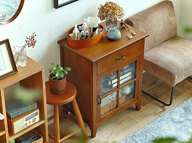 サイドボード/リビングボード (南欧風家具) 〔約幅60cm ライトブラウン〕 木製